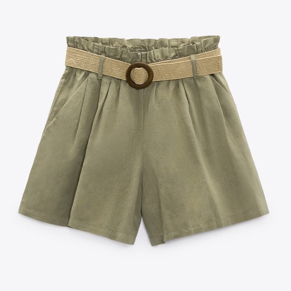 Zara Green Linen Blend Paperbag Shorts